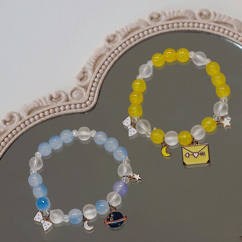 Beaded Charm Bracelet - Blue Beads, Planet Charm - view 4