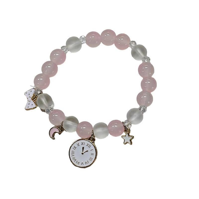 Beaded Charm Bracelet - Pink Beads, Clock Charm