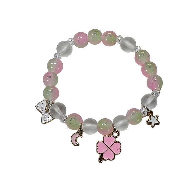 Beaded Charm Bracelet - Pink and Green Beads, Four-Leaf Clover Charm
