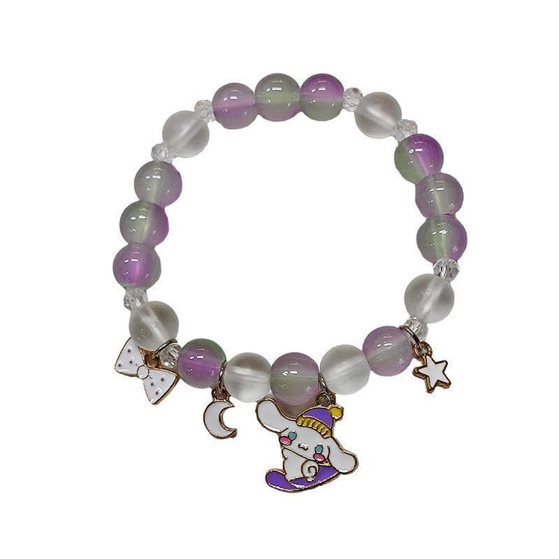 Beaded Charm Bracelet - Purple and Green Beads, Cartoon Animal Charm