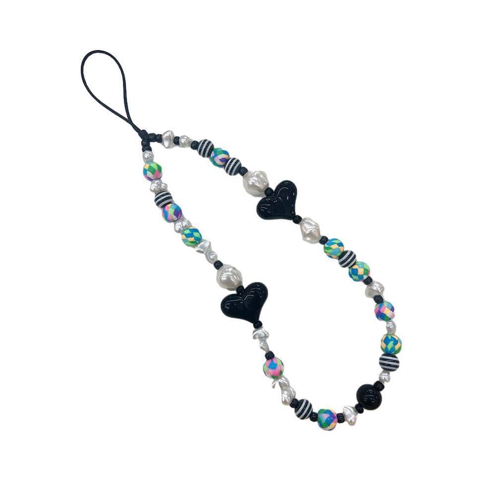 Beaded Heart Phone Charm Strap Lanyard, 32 cm - Black