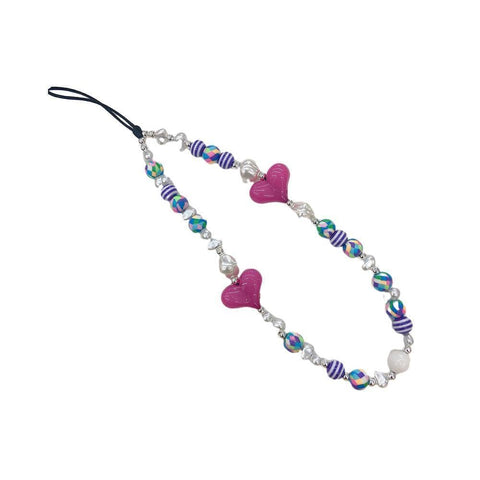 Beaded Heart Phone Charm Strap Lanyard, 32 cm - Dark Pink