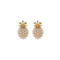 Beaded Pineapple Stud Earrings for Women - Gold-Tone Crowns with Cream Beads