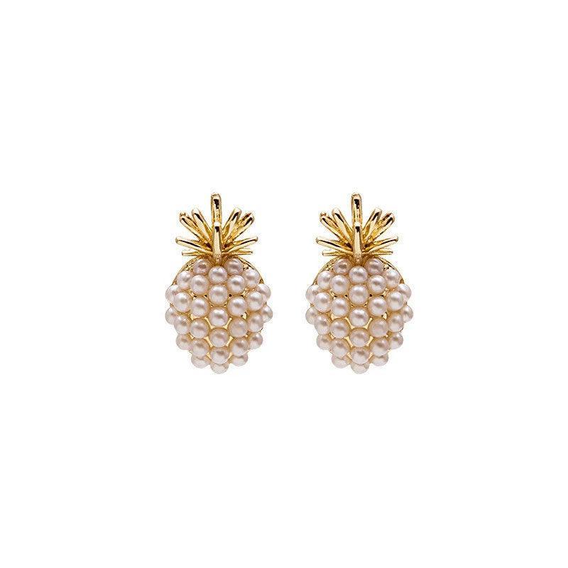 Beaded Pineapple Stud Earrings for Women - Gold-Tone Crowns with Cream Beads