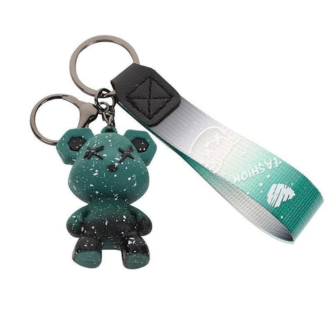 Bear Keyring with Gradient Lanyard Strap - Dark Green