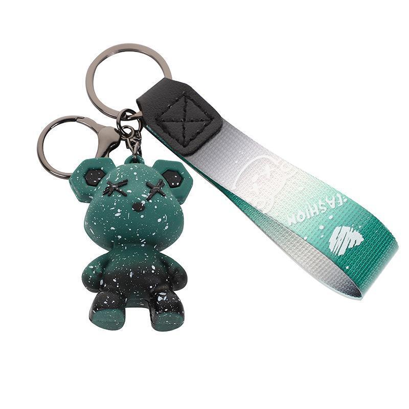 Bear Keyring with Gradient Lanyard Strap - Dark Green