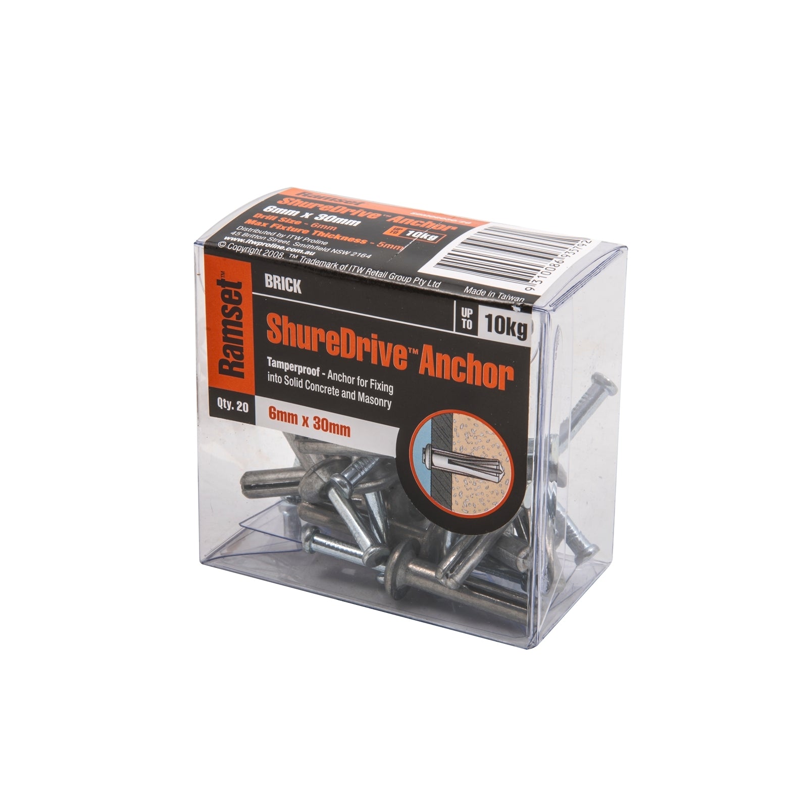Ramset ShureDrive 6 x 30mm Masonry Drive Anchor 20 Pack - Mushroom Head, Zinc Alloy