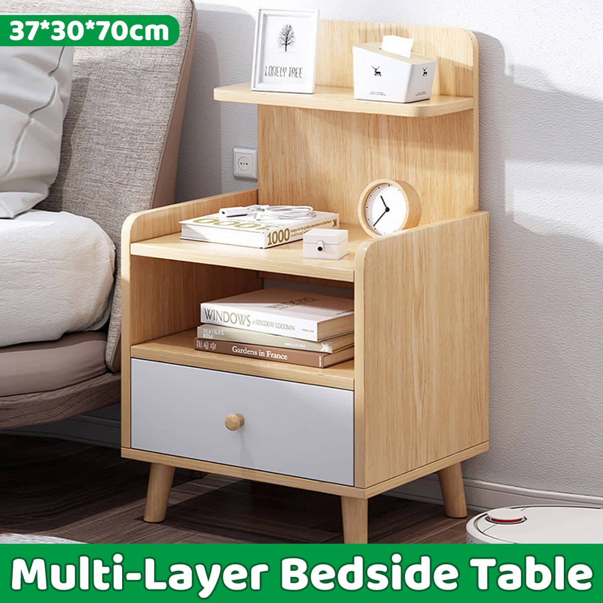 Bedside Cabinet with Drawer and Open Shelf, Light Wood and Grey