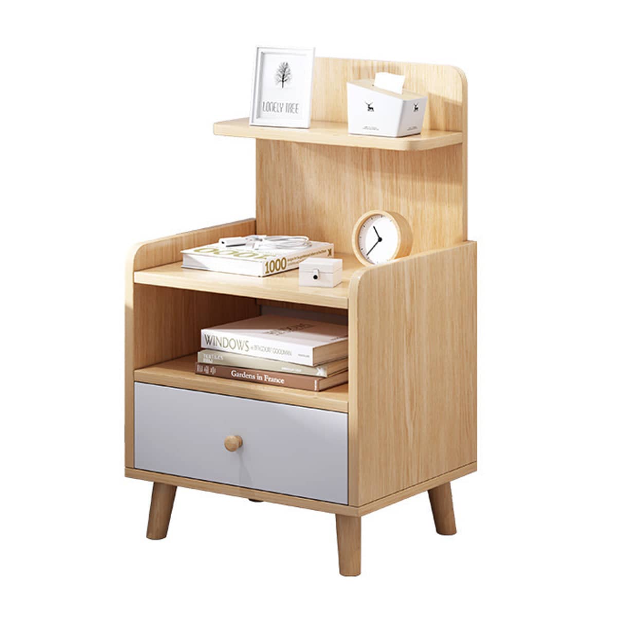 Bedside Cabinet with Drawer and Open Shelf, Light Wood and Grey - view 2