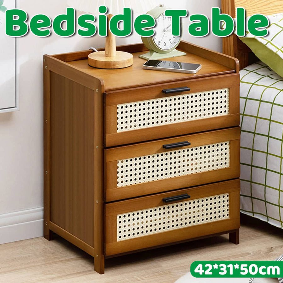 Bedside Table with 3 Drawers and Rattan Accents
