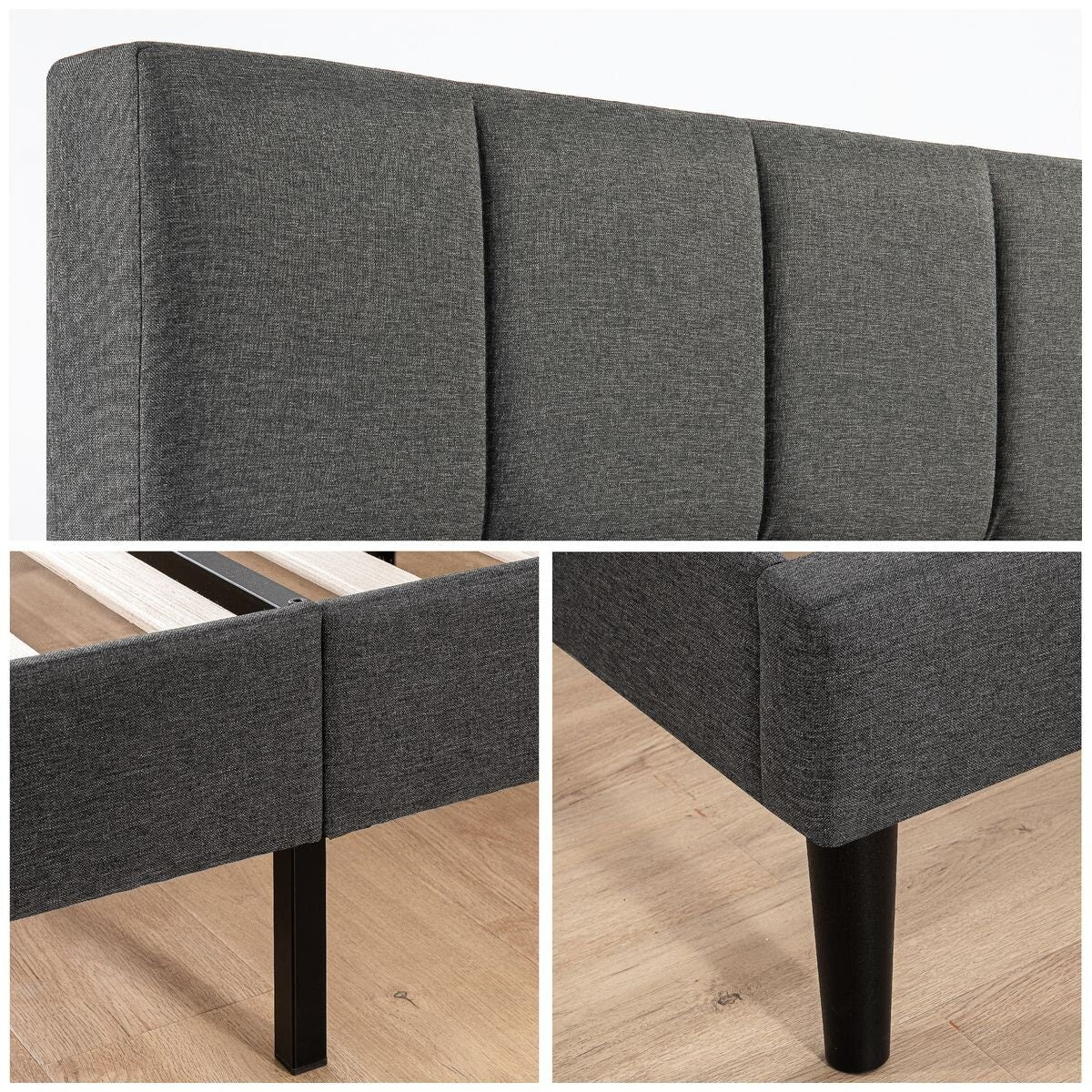 Zinus Leo Fabric Bed Frame Queen - Dark Grey, Foam Padded Headboard, Wooden Slats - AU-FSPBO-Q