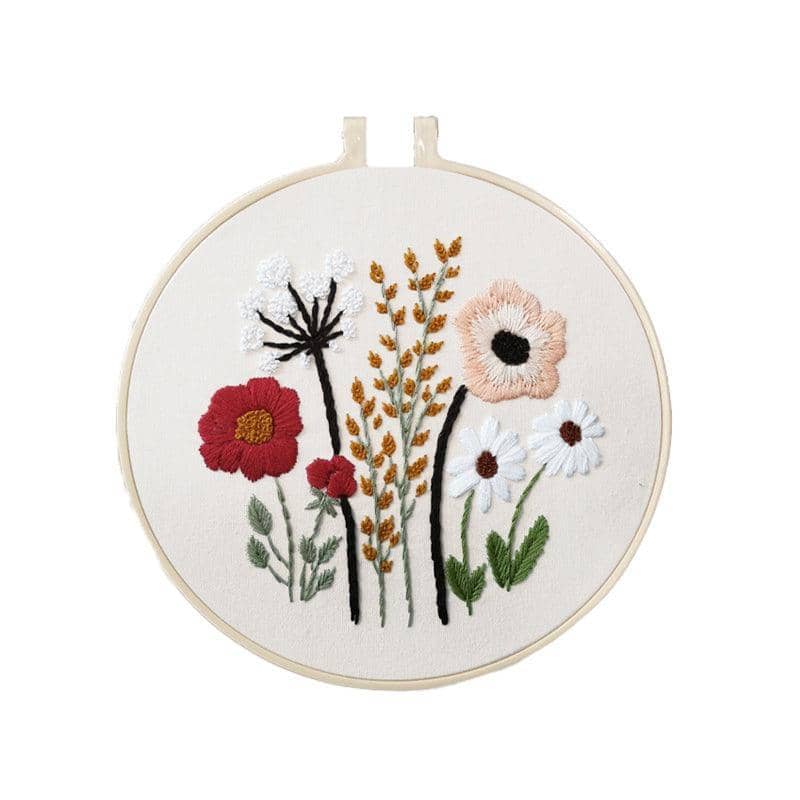Beginner Embroidery Kit with 20 cm Hoop - Red and Peach Wildflower Design