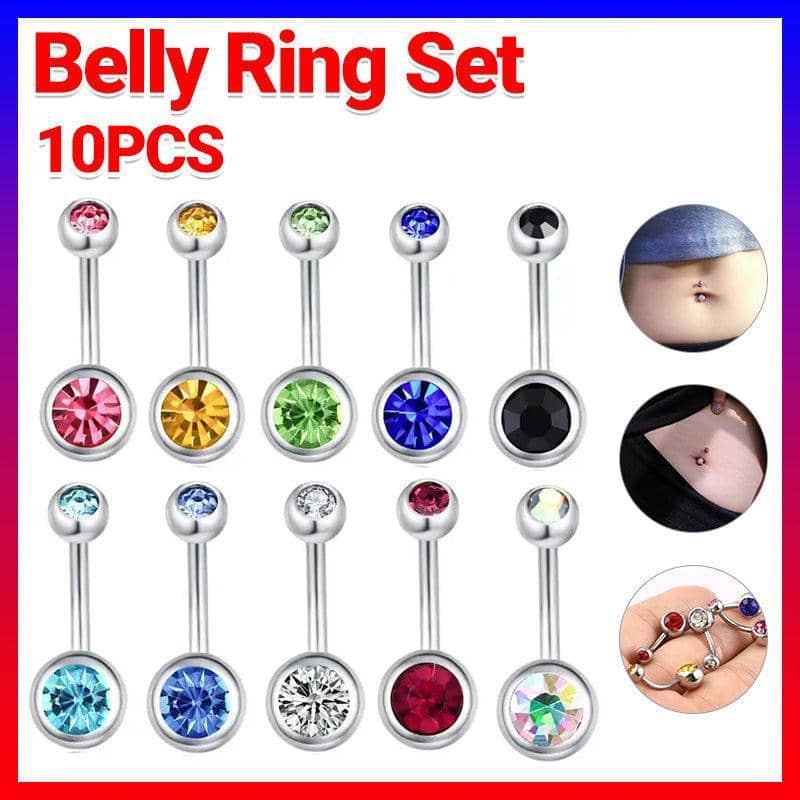 Belly Bar Set, 316L Surgical Steel Navel Bars with Crystal Ends - Pack of 10 - view 2