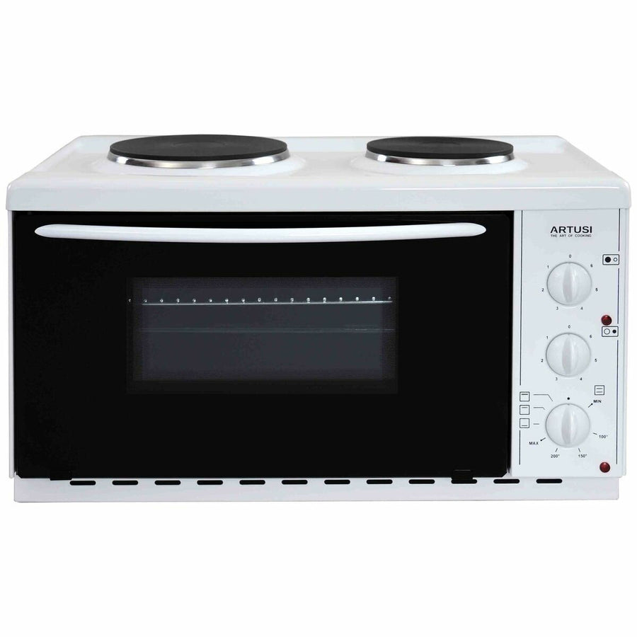 Artusi 22L Vulcan Benchtop Oven with Cooktop - White, Two Solid Hotplates, 1000W Grill - AOMK1
