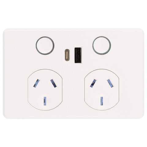 Deta Touch Double Power Point - USB A+C PD 20W Fast Charging - 50mm x 74mm x 115mm - Gloss White - SuperSaverAU - view 1