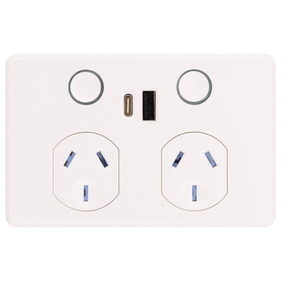 Deta Touch Double Power Point - USB A+C PD 20W Fast Charging - 50mm x 74mm x 115mm - Gloss White - SuperSaverAU - view 1