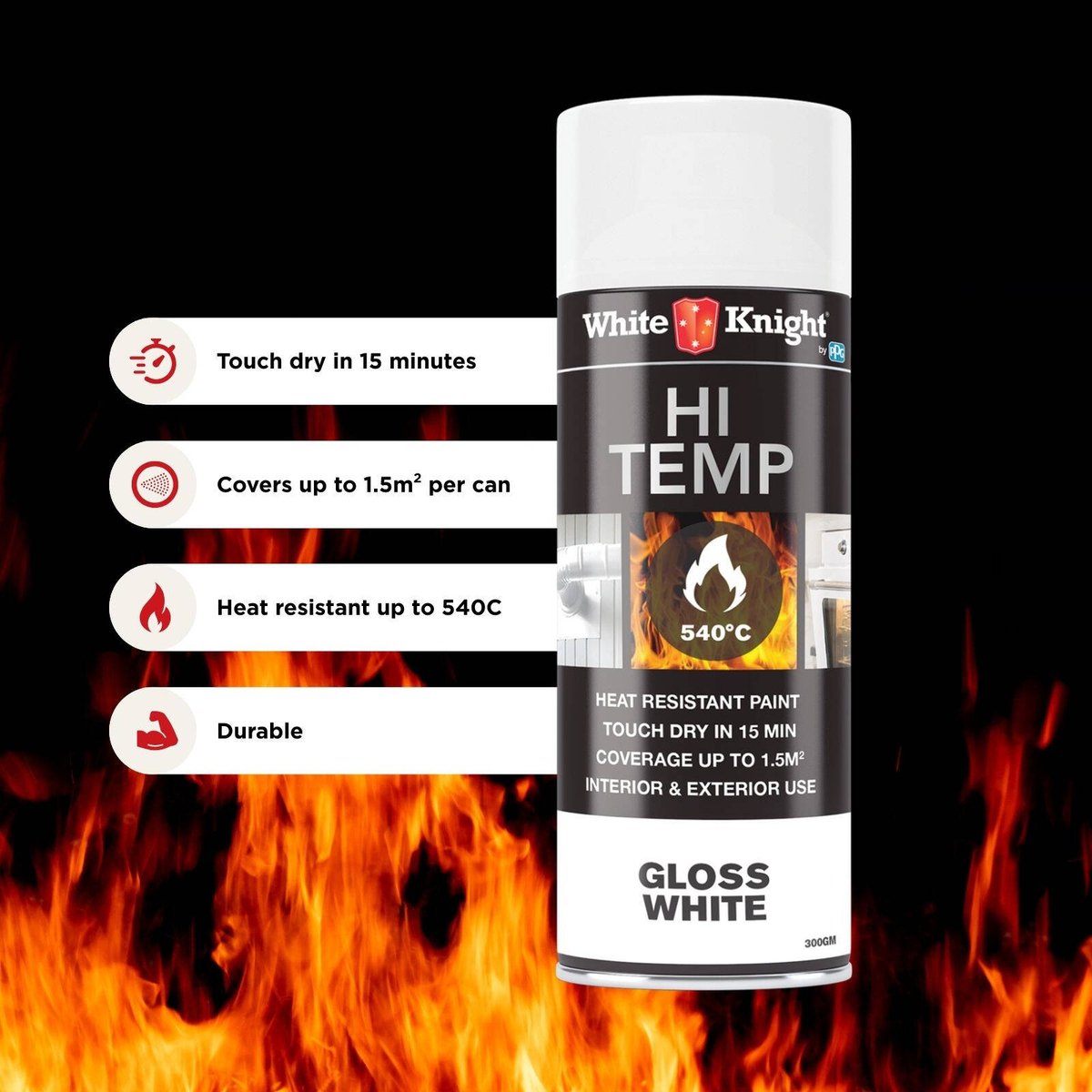 White Knight Hi Temp Spray Paint 300g Gloss White Heat Resistant - SuperSaverAU - view 2