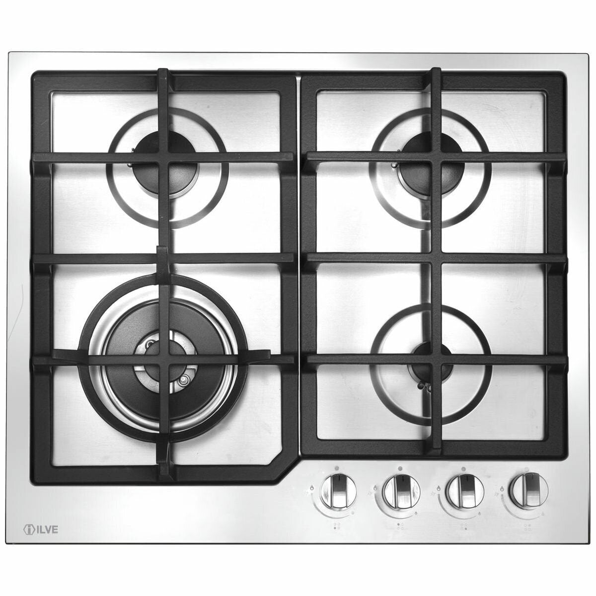 ILVE 60cm Natural Gas Cooktop - Stainless Steel, Wok Burner, Cast Iron Pan Supports, Safety Valve - HCL60CKSS