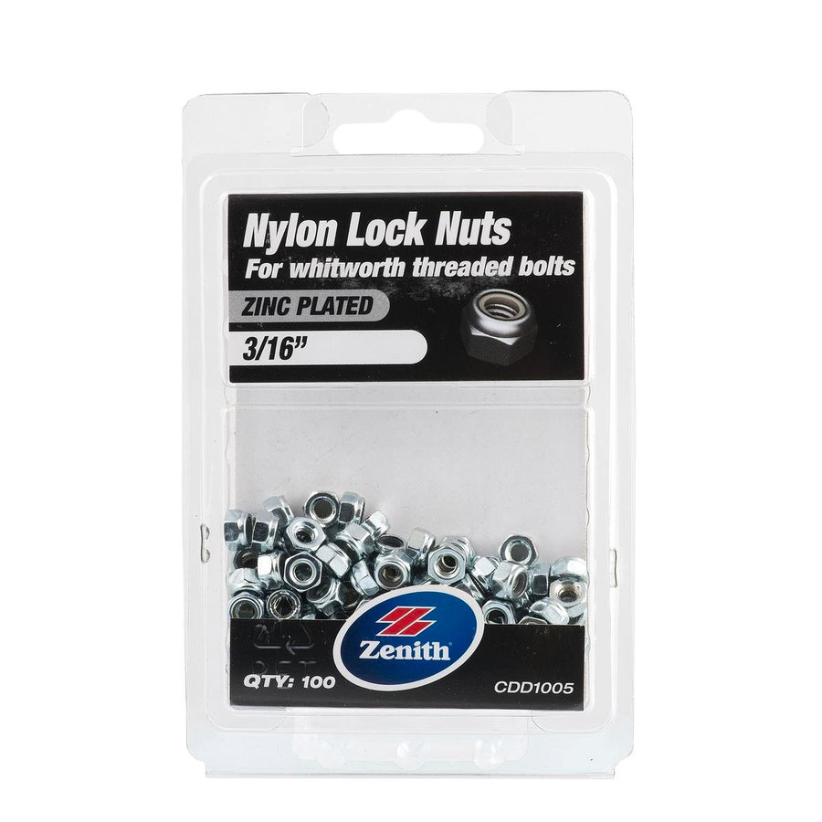 Zenith 3/16 Zinc Plated Nylon Lock Nut 100 Pack Steel Durable Secure - SuperSaverAU - view 1
