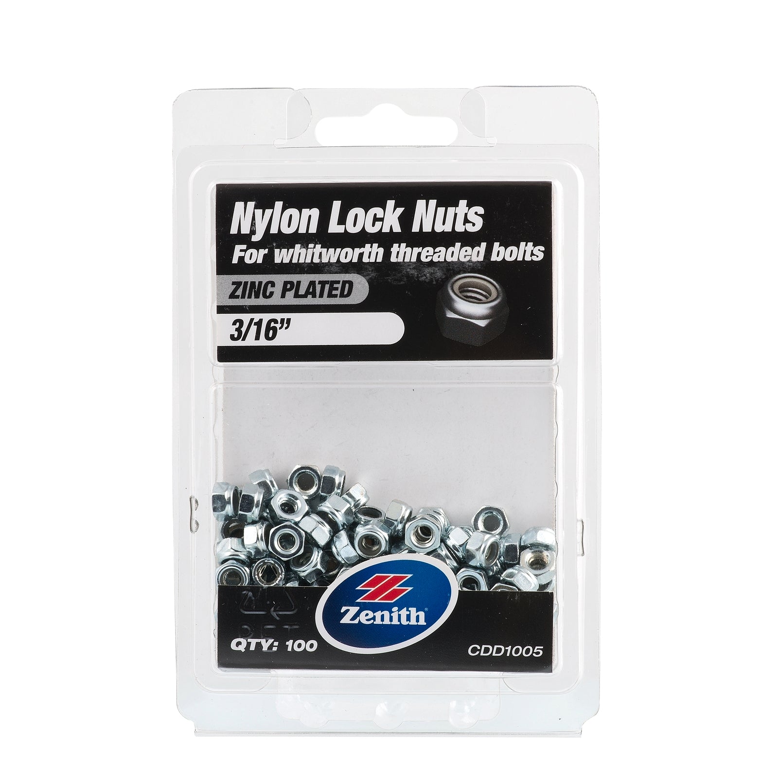 Zenith 3/16" Zinc Plated Nylon Lock Nut - 100 Pack