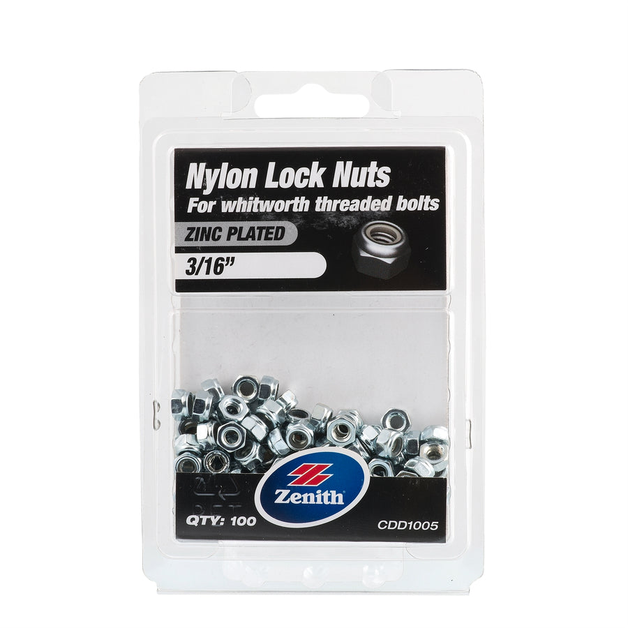 Zenith 3/16" Zinc Plated Nylon Lock Nut - 100 Pack