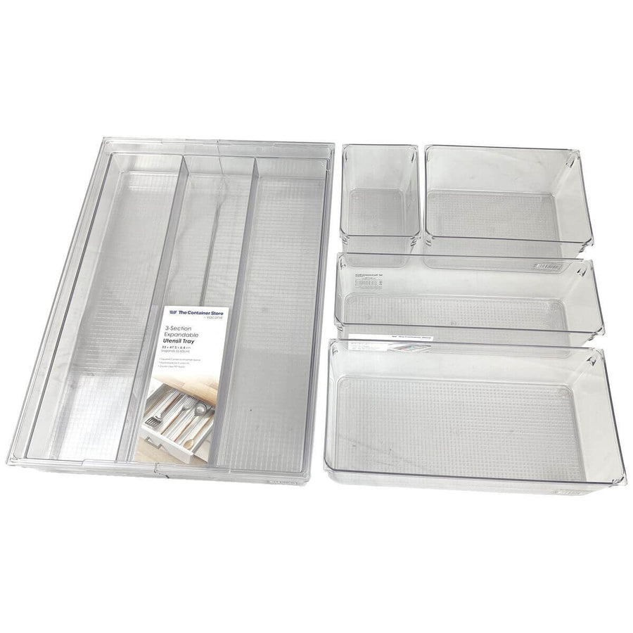 The Container Store 5 piece kitchen drawer pack 3 - Expandable utensil tray and deep organisers - VTCS-DRAW-P3