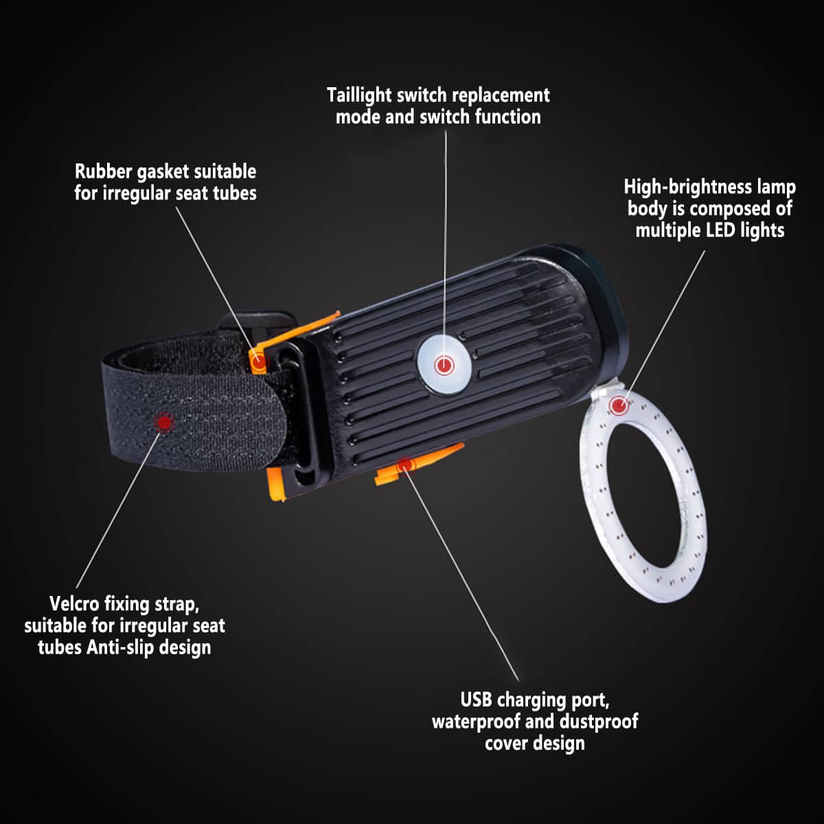 Bicycle Taillight with LED Ring and Hook-And-Loop Mounting - view 4