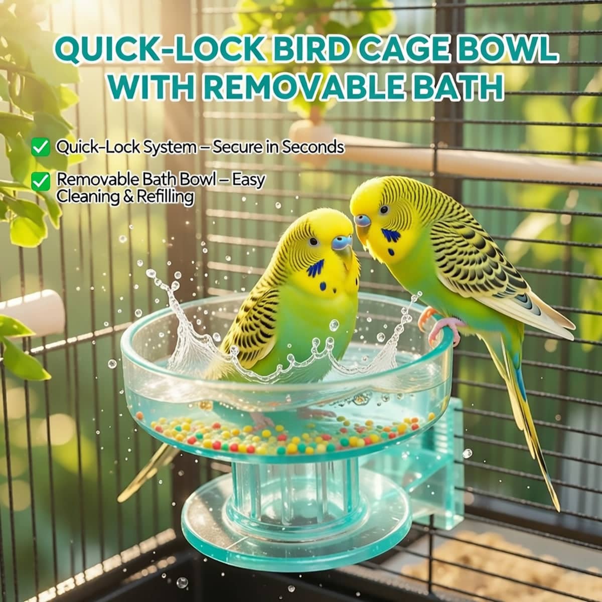 Bird Cage Bath Feeder Bowl with Quick Lock Clip, Removable Clear Teal Cup