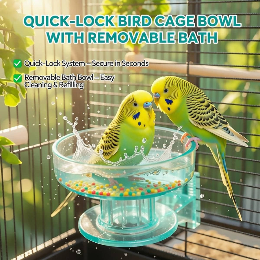 Bird Cage Bath Feeder Bowl with Quick Lock Clip, Removable Clear Teal Cup