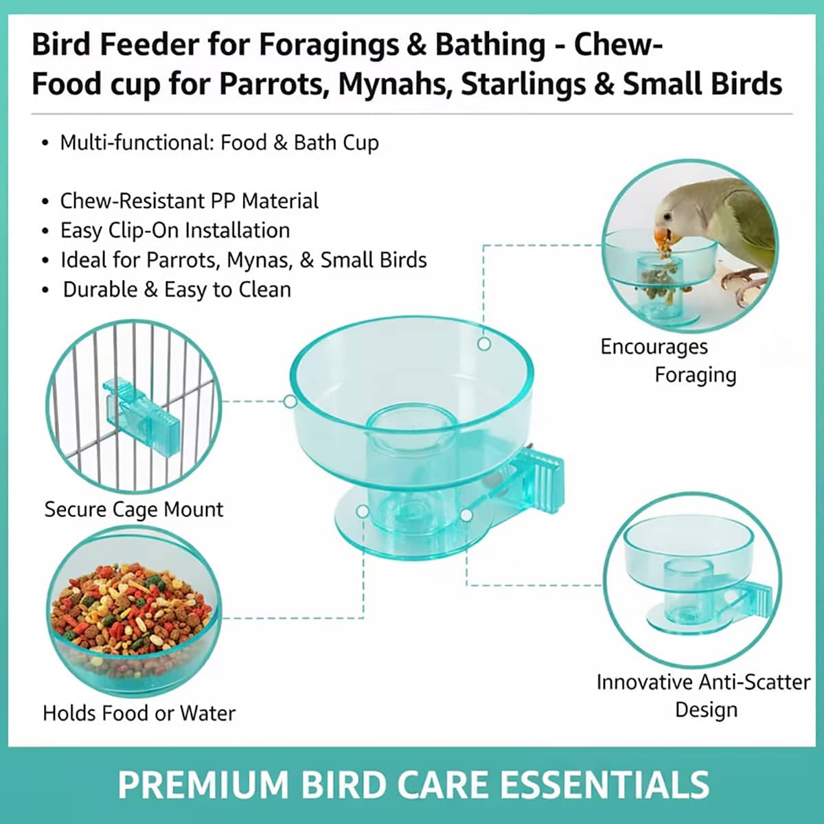 Bird Cage Bath Feeder Bowl with Quick Lock Clip, Removable Clear Teal Cup - view 4