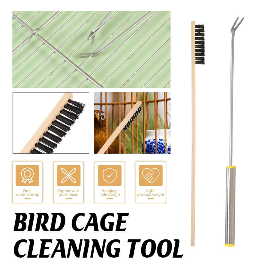 Bird Cage Cleaning Tool Set of 2 with Bamboo Brush and Stainless Steel Fork