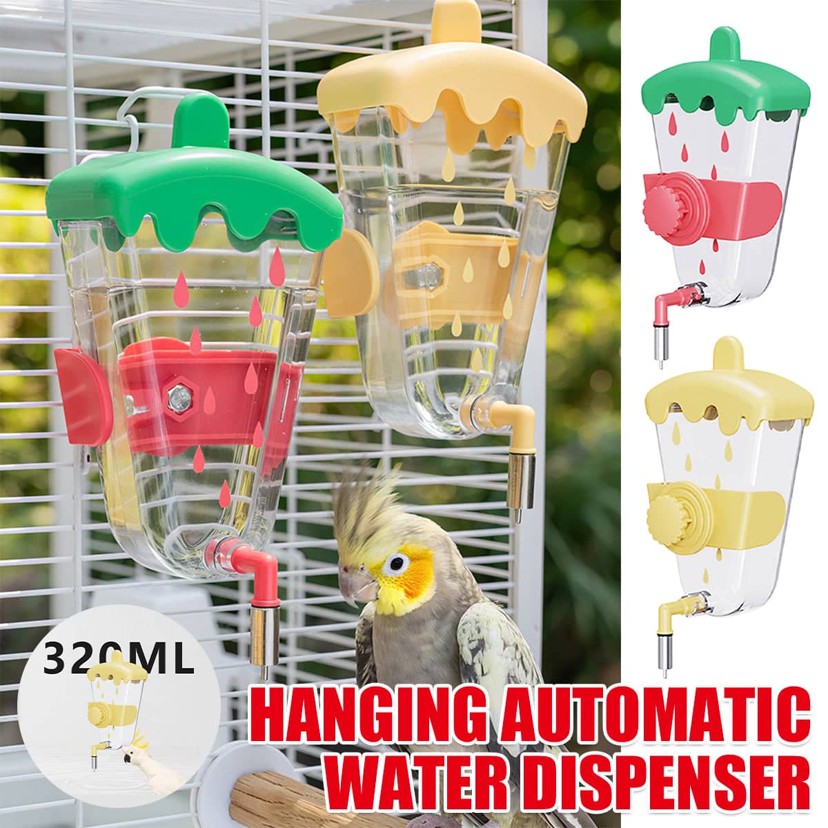 Bird Cage Hanging Automatic Trigger Water Feeder for Parrots, 320 ml - Green and Red - view 2