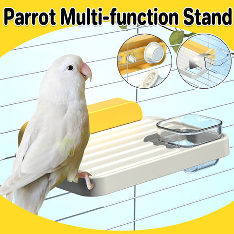 Bird Perch Stand with Feeding Station for Parrot Cages, Yellow and White