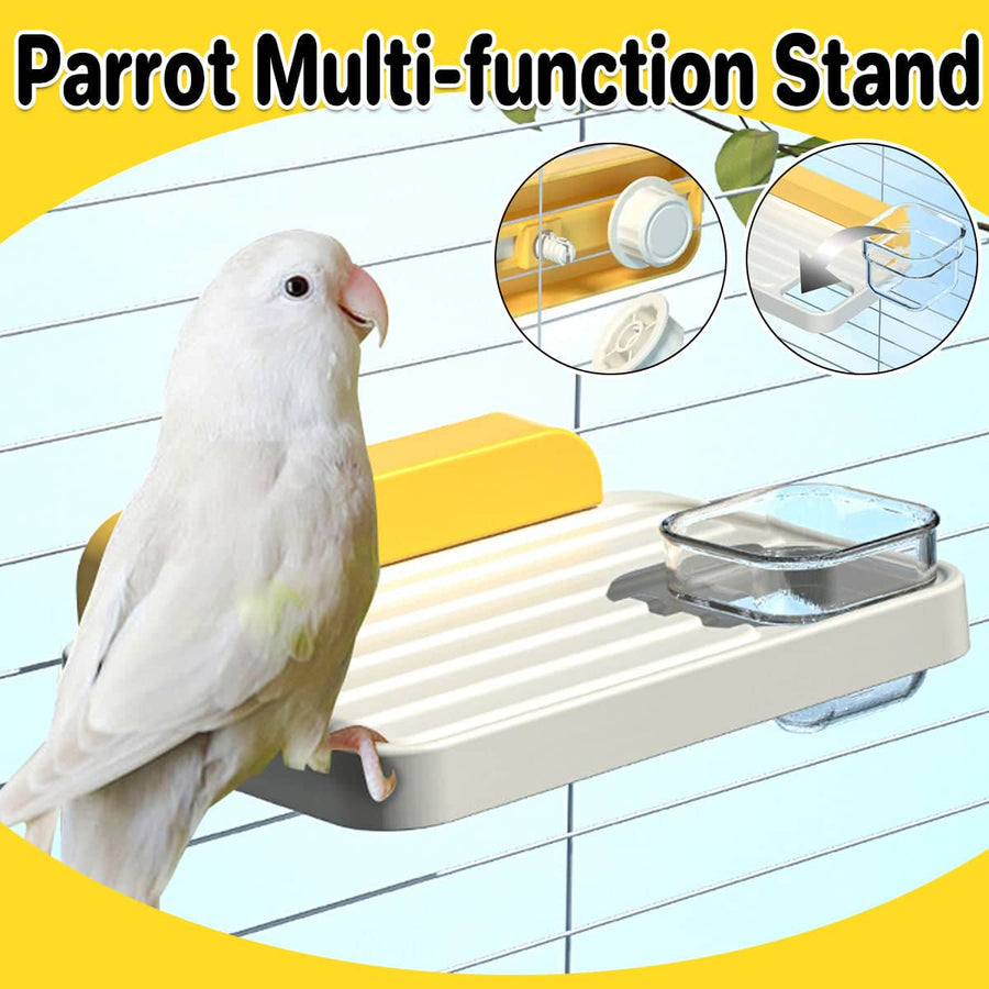 Bird Perch Stand with Feeding Station for Parrot Cages, Yellow and White