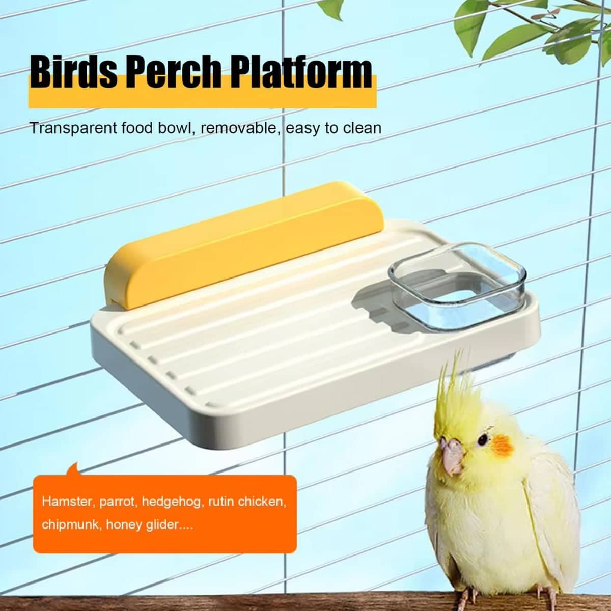 Bird Perch Stand with Feeding Station for Parrot Cages, Yellow and White - view 4