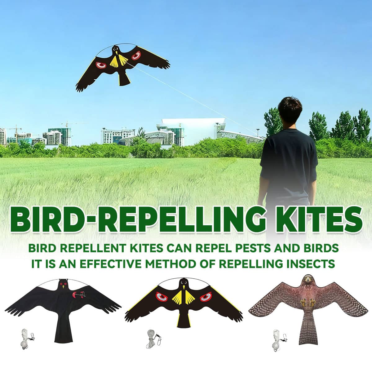 Bird Repelling Kite for Gardens and Orchards - Black Crow Design - view 2