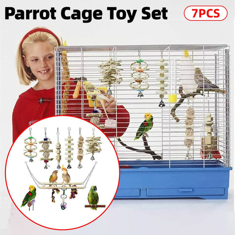 Bird Toy Set for Parrots, Natural Wood Chew Toys and Swing, Set of 7
