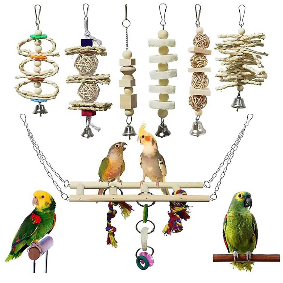 Bird Toy Set for Parrots, Natural Wood Chew Toys and Swing, Set of 7 - view 2