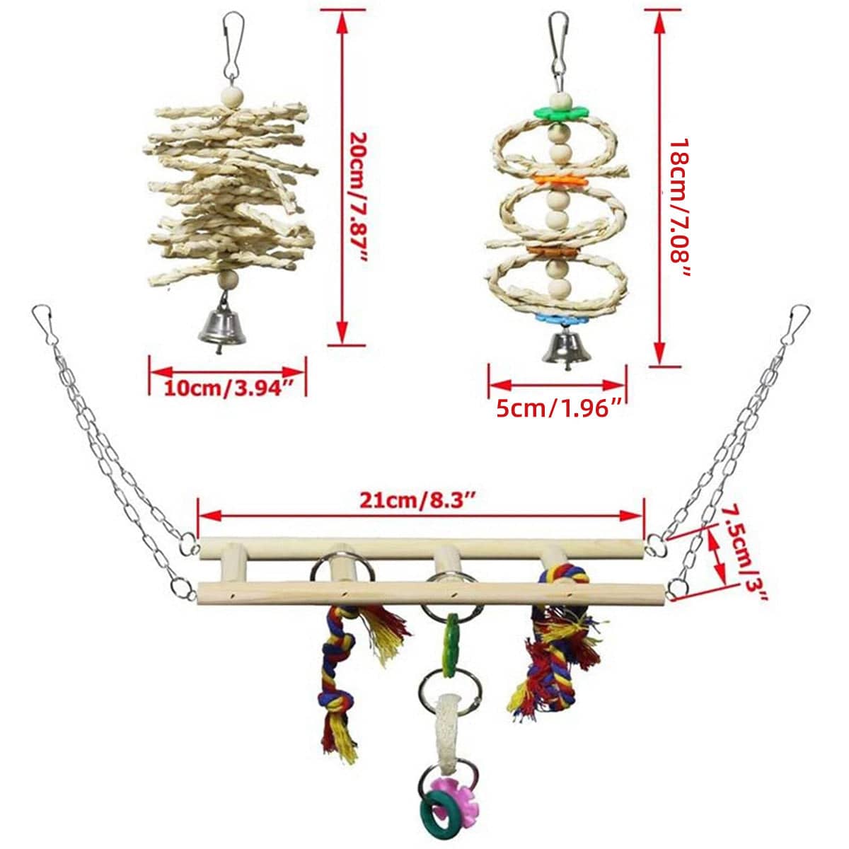 Bird Toy Set for Parrots, Natural Wood Chew Toys and Swing, Set of 7 - view 3