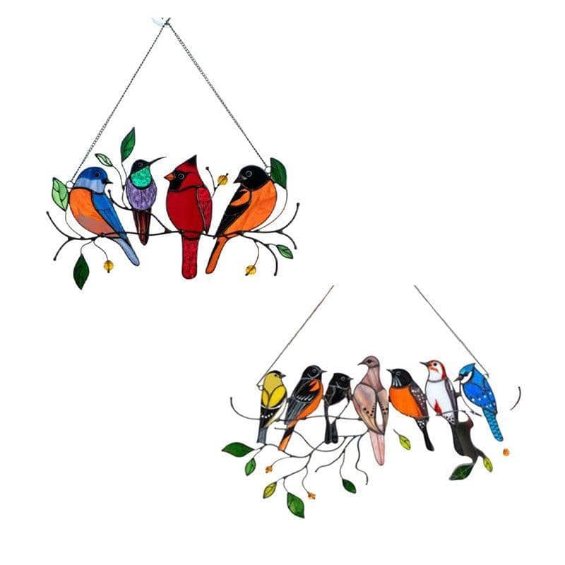 Bird Window Suncatcher, Stained Glass Style - 7 Birds on a Wire - view 3