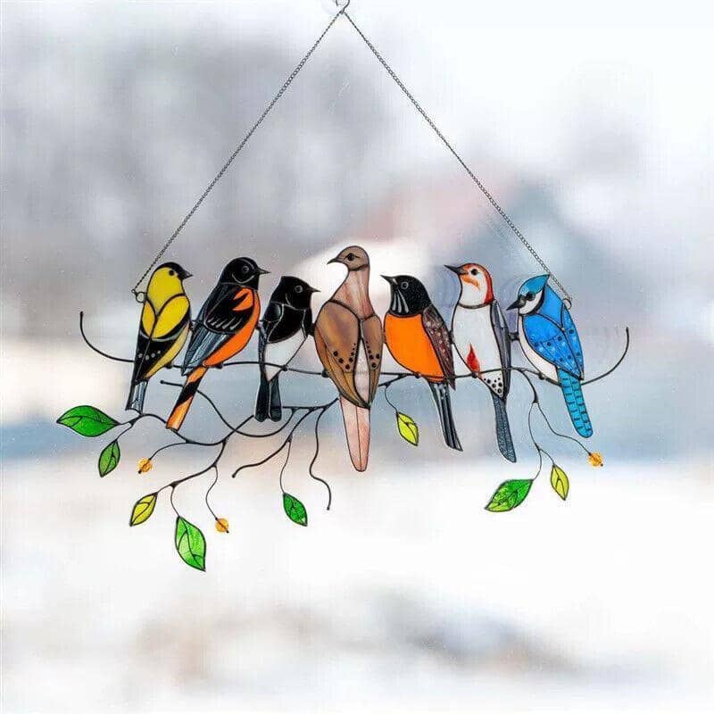 Bird Window Suncatcher, Stained Glass Style - 7 Birds on a Wire - view 4