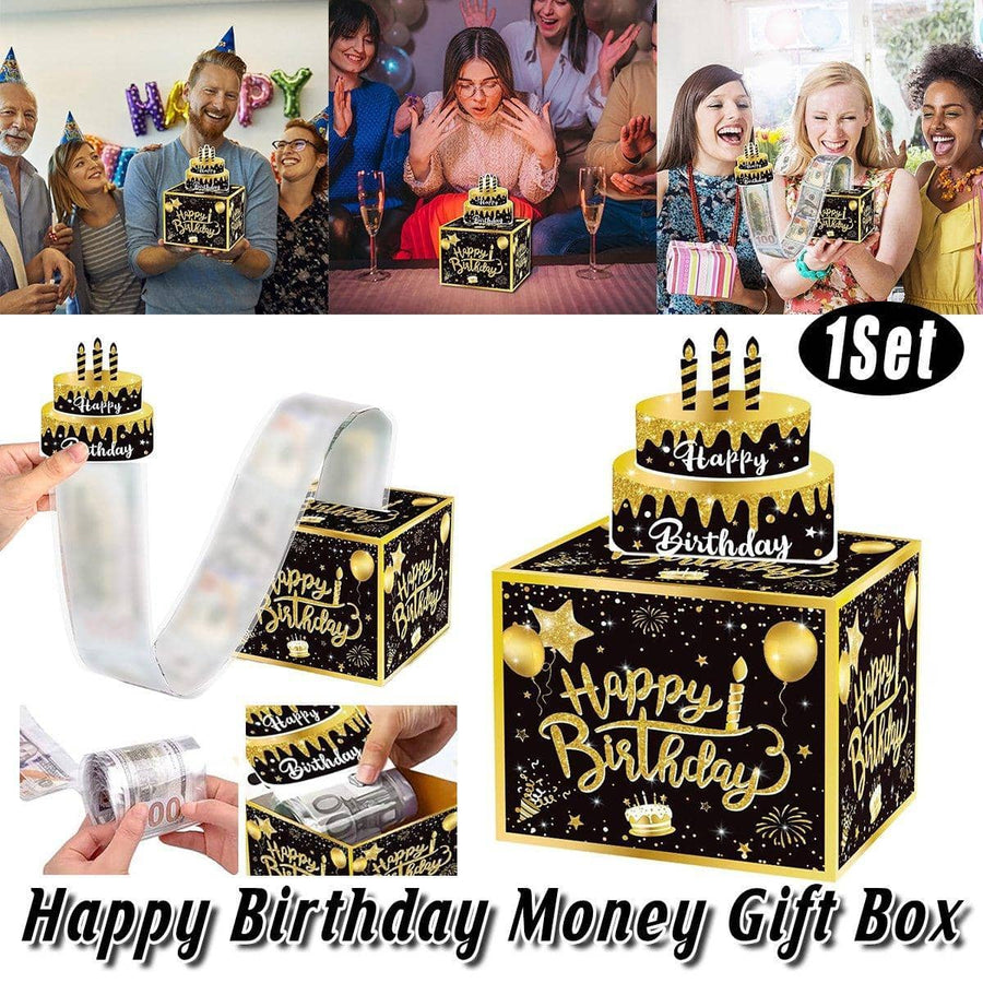 Birthday Money Box, Black and Gold, with 30 Clear Bags