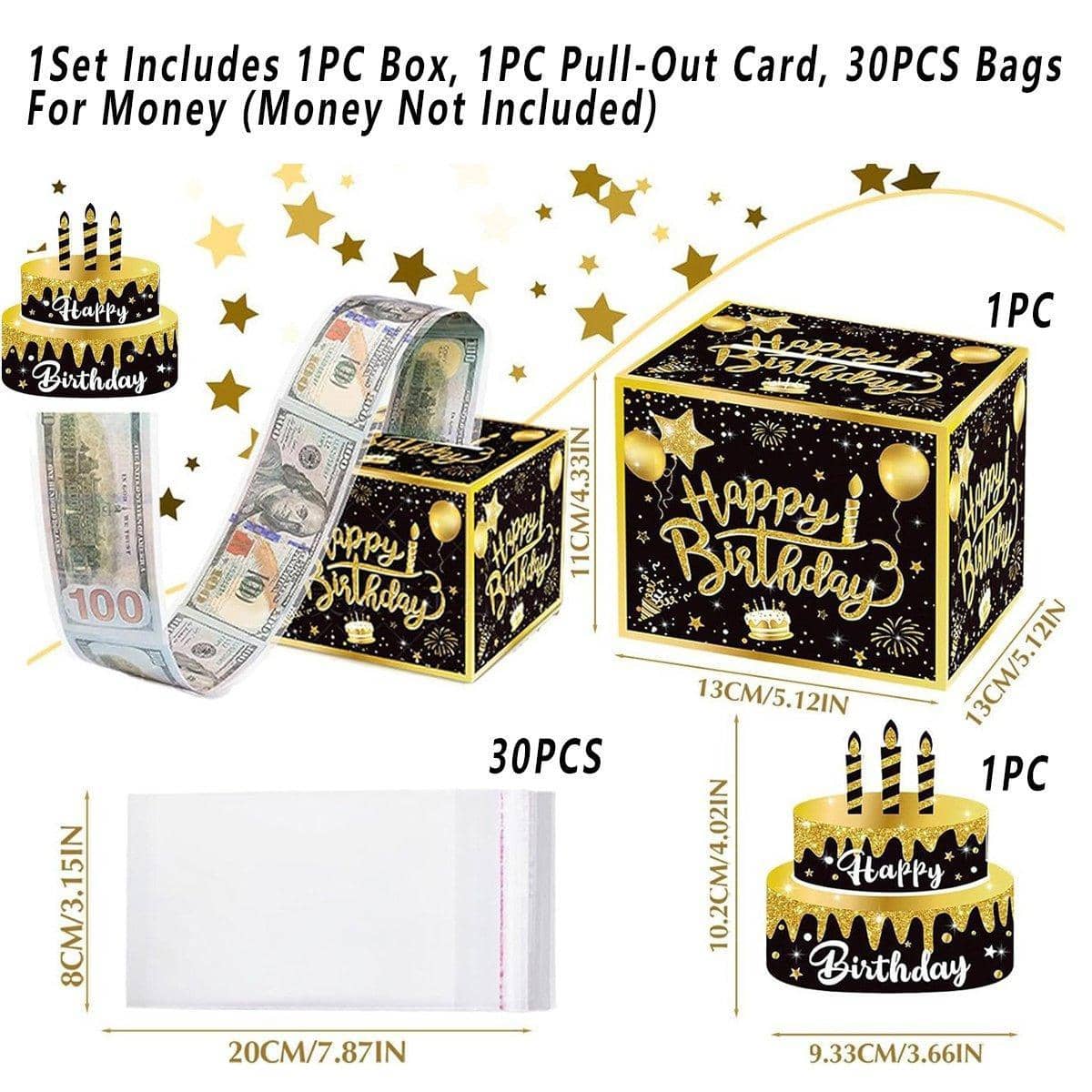 Birthday Money Box, Black and Gold, with 30 Clear Bags - view 3