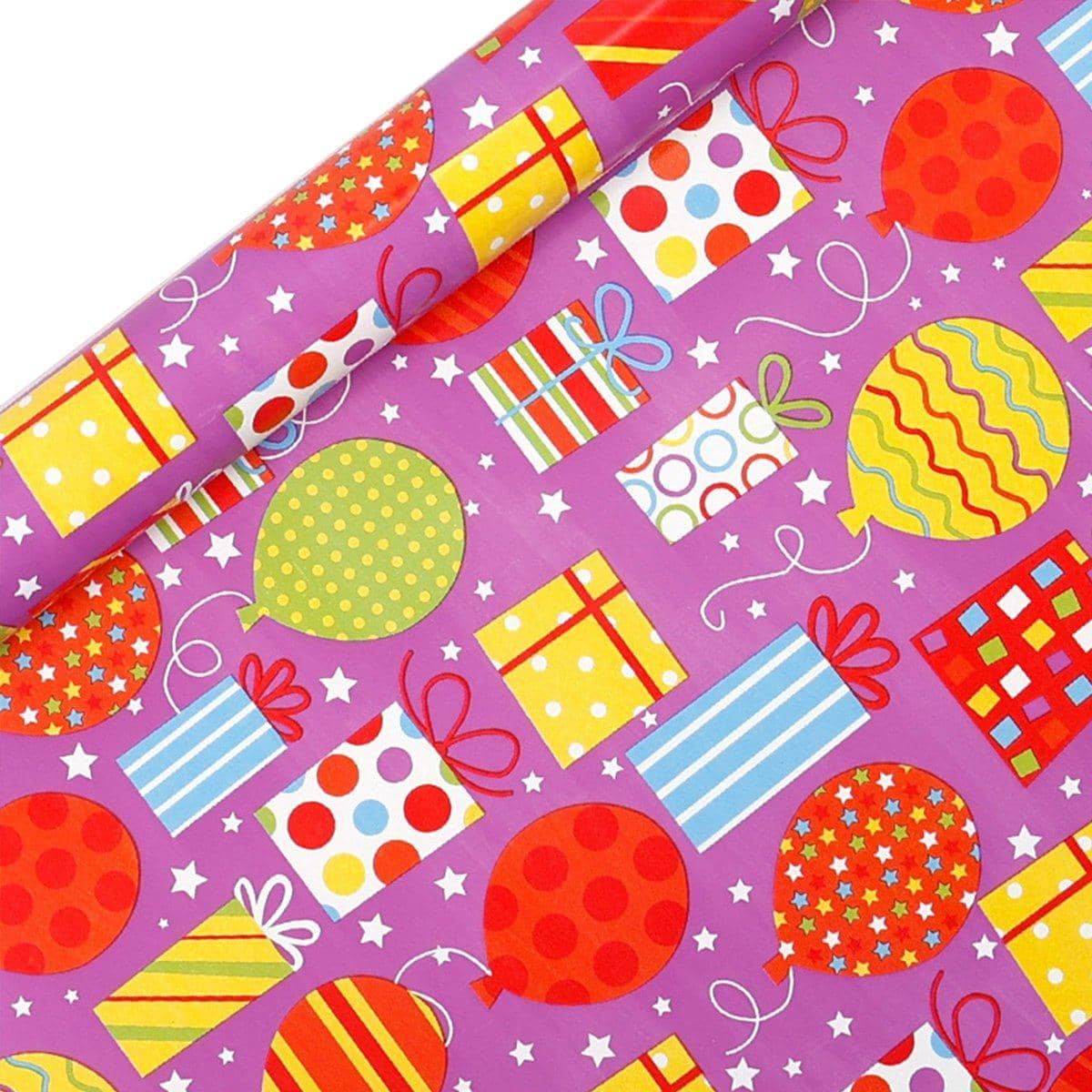 Birthday Wrapping Paper, 3 Rolls - Purple Balloons and Gifts