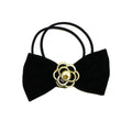 Black Fabric Bow Hair Tie with Flower Charm - Black and Gold
