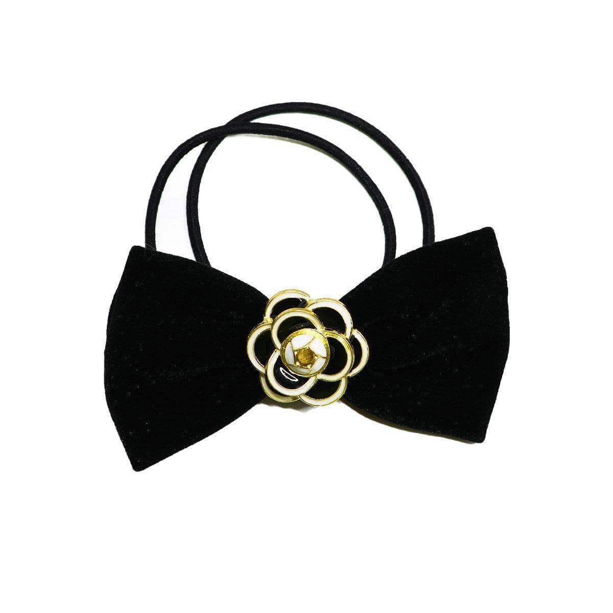 Black Fabric Bow Hair Tie with Flower Charm - Black and Gold