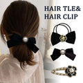 Black Fabric Bow Hair Tie with Flower Charm - Black and Gold - view 2