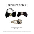 Black Fabric Bow Hair Tie with Flower Charm - Black and Gold - view 4