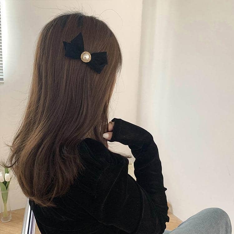 Black Fabric Bow Hair Tie with Flower Charm - Black and Gold - view 5