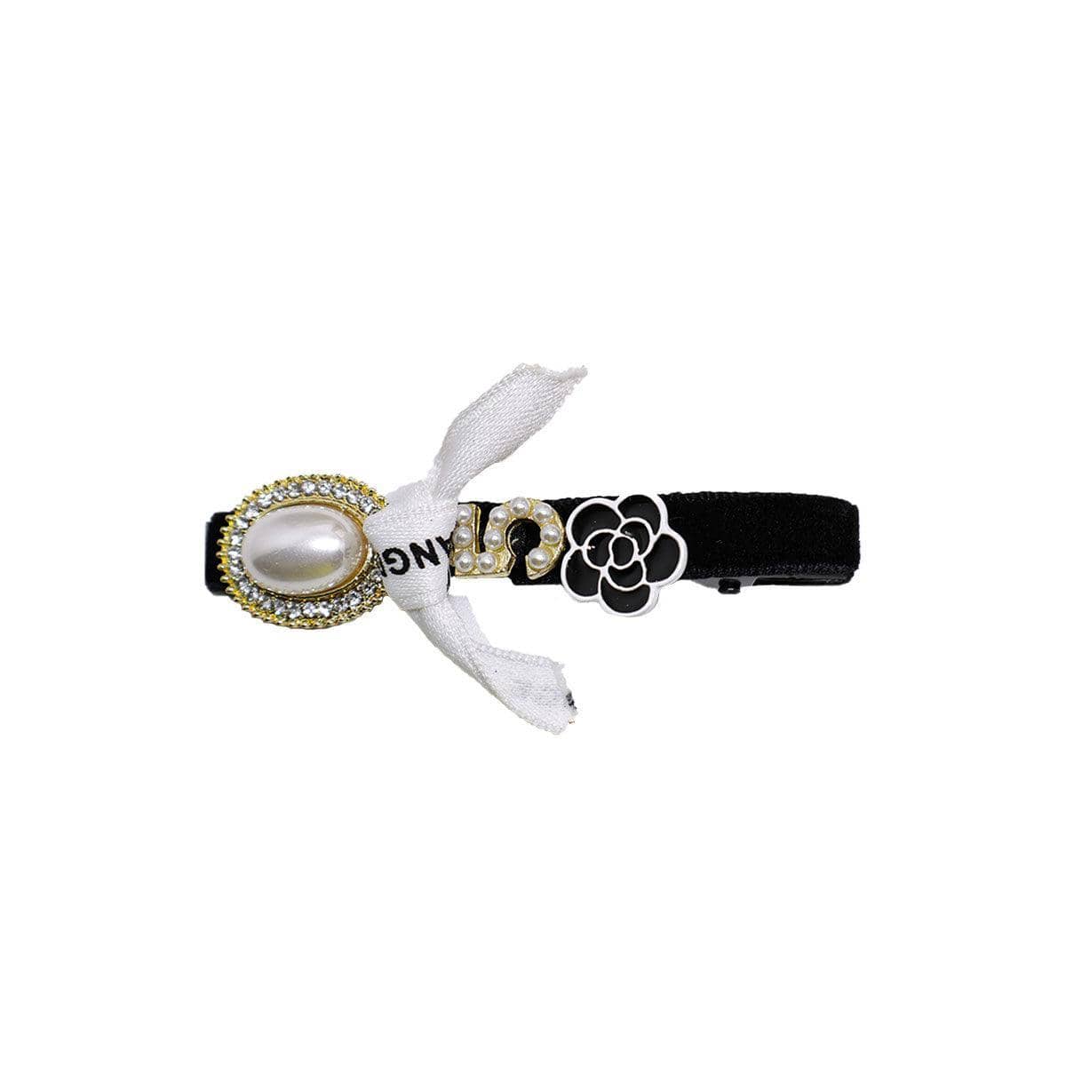 Black Fabric Hair Clip with Pearl, Ribbon Bow and Flower - Black